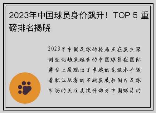 2023年中国球员身价飙升！TOP 5 重磅排名揭晓